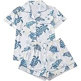 WDIRARA Women's 2 Piece Sea Turtle Graphic Pajama Set Button Down Short Sleeve Shorts Loungewear Pjs Sets