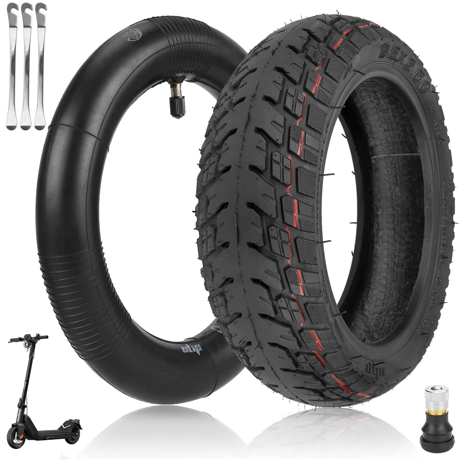 Prodrocam 9.5 x 2.50 Tubeless Tyre + 9.5 x 2 Tube + Crowbar for Niu KQI3 Max/Pro/Sport, 9.5 Inch Offroad Vacuum Tyre Kit, Electric Scooter Replacement Tyre, with Valve (Tubeless + Tube)