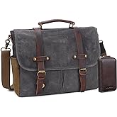 Messenger Bag for Men, Waterproof Genuine Leather Waxed Canvas Briefcase 15.6 Inch Laptop Larger Shoulder Bag with Key Bag