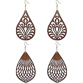 Wovanoo Wood Earrings for Women Natural Wooden Drop Dangle Earring 2 Pairs Lightweight Waterdrop Earring Set