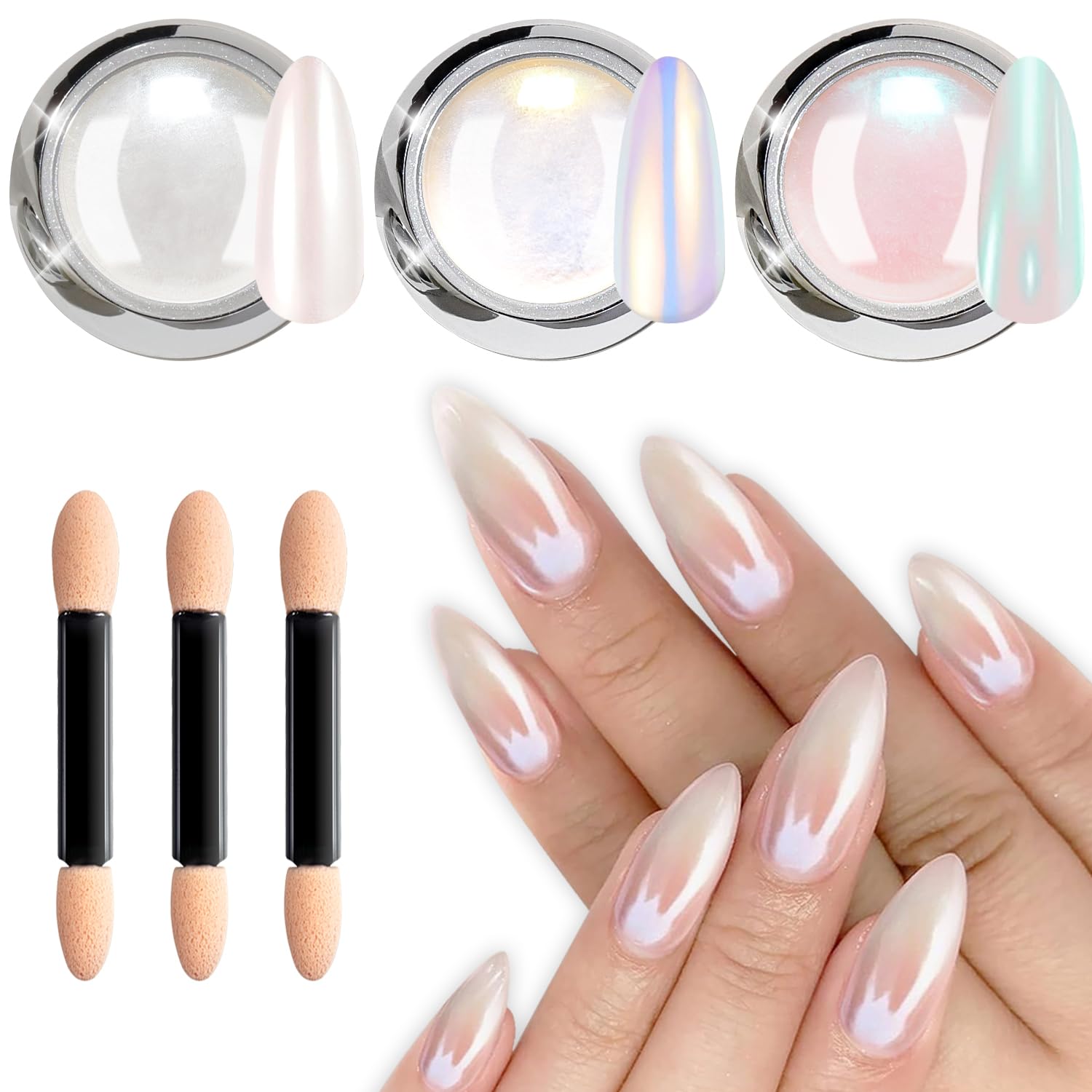 Pearl Chrome Nail Powder BISHENGYF - 3Pcs White Aurora Nail Chrome Powders Ice Transparent Chrome Powder for Nails Glitter, Glazed Donut Pearlescent Mirror Effect Mermaid Pigment Powder Diy Nail Art — image 1