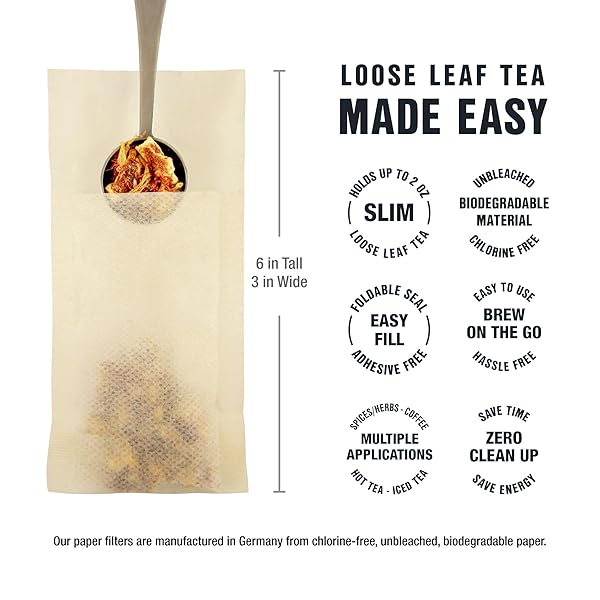 TIESTA TEA LOOSE LEAF FILTERS FOR BREWING, DISPOSABLE INFUSER FOR HOT & ICED DRINKS, EASY-FILL STEEPER, UNBLEACHED PAPER, SINGLE-CUP INFUSER FOR LOOSE LEAVES, 100 EMPTY BAGS