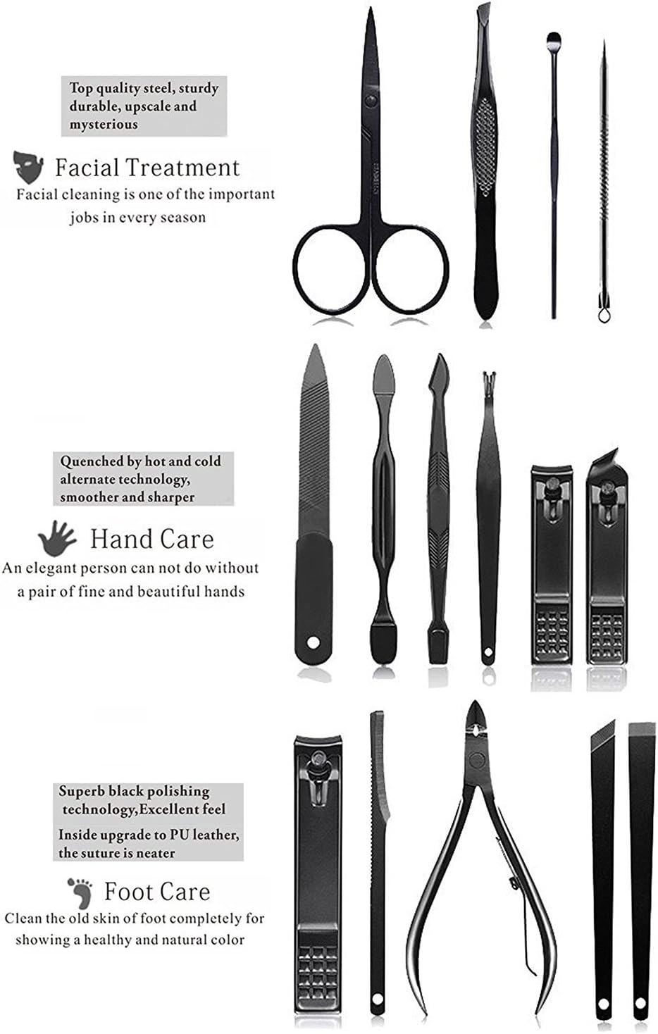 Manicure Pedicure Set Nail Clipper Set -15 Piece Stainless Steel Heavy Duty Nail Care Aids -Fingernail Clippers,Toenail Clippers -Portable Travel & Grooming Kit Tools -Deluxe (Black&Red): Health & Personal Care