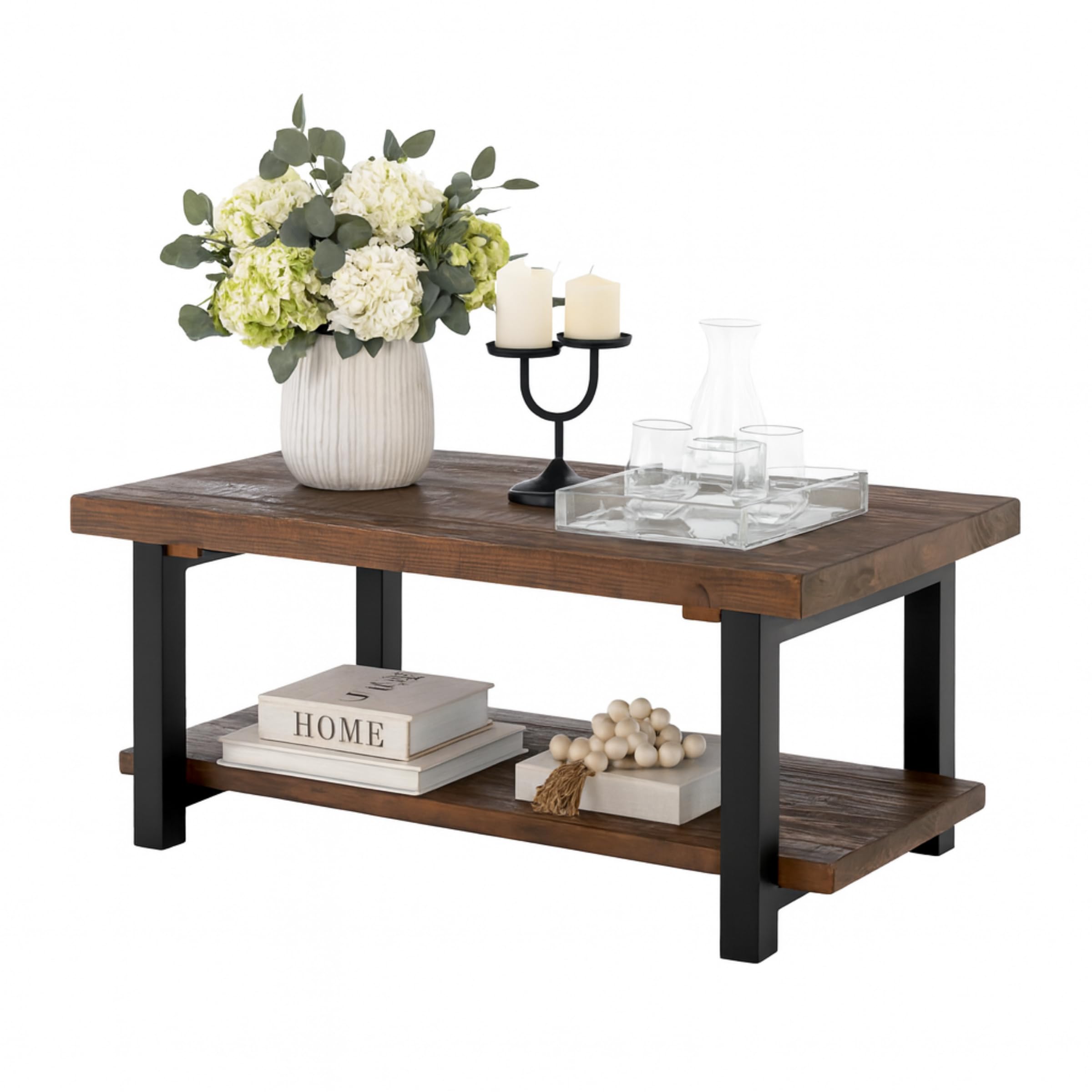 Alaterre Furniture Pomona Living Room Tables – 42 Inch Rectangular Solid Wood Coffee Table with Storage Shelf & Metal Legs – Rustic Industrial Farmhouse Living Room Table (Rustic Brown) Image