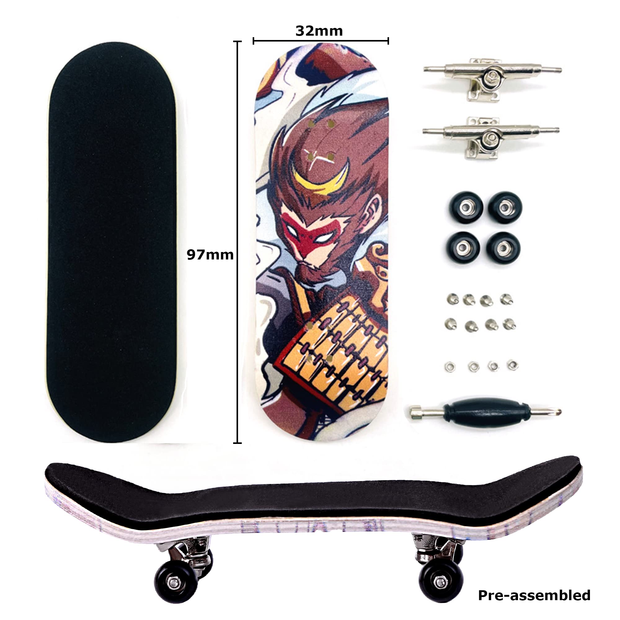 Professional Complete Wooden Fingerboard 32/34mm 5-Ply Maple Finger Skateboard with Upgraded Components (M-King)