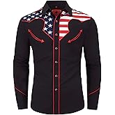 DIFICIL SLOG® Men’s American Flag Embroidered Snap Button Down Shirts Western Cowboy Patriotic Regular Fit Long Sleeve Shirt