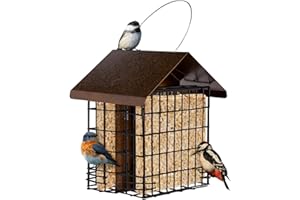 MEKKAPRO Suet Feeder for Outside Hanging Metal Roof, Woodpecker Feeder, Two Suet Bird Feeder Capacity, Cage Hanger Hanging Bird Feeder Easily Fits 2 Suet Cakes Holder - Wild Bird Feeder Basket
