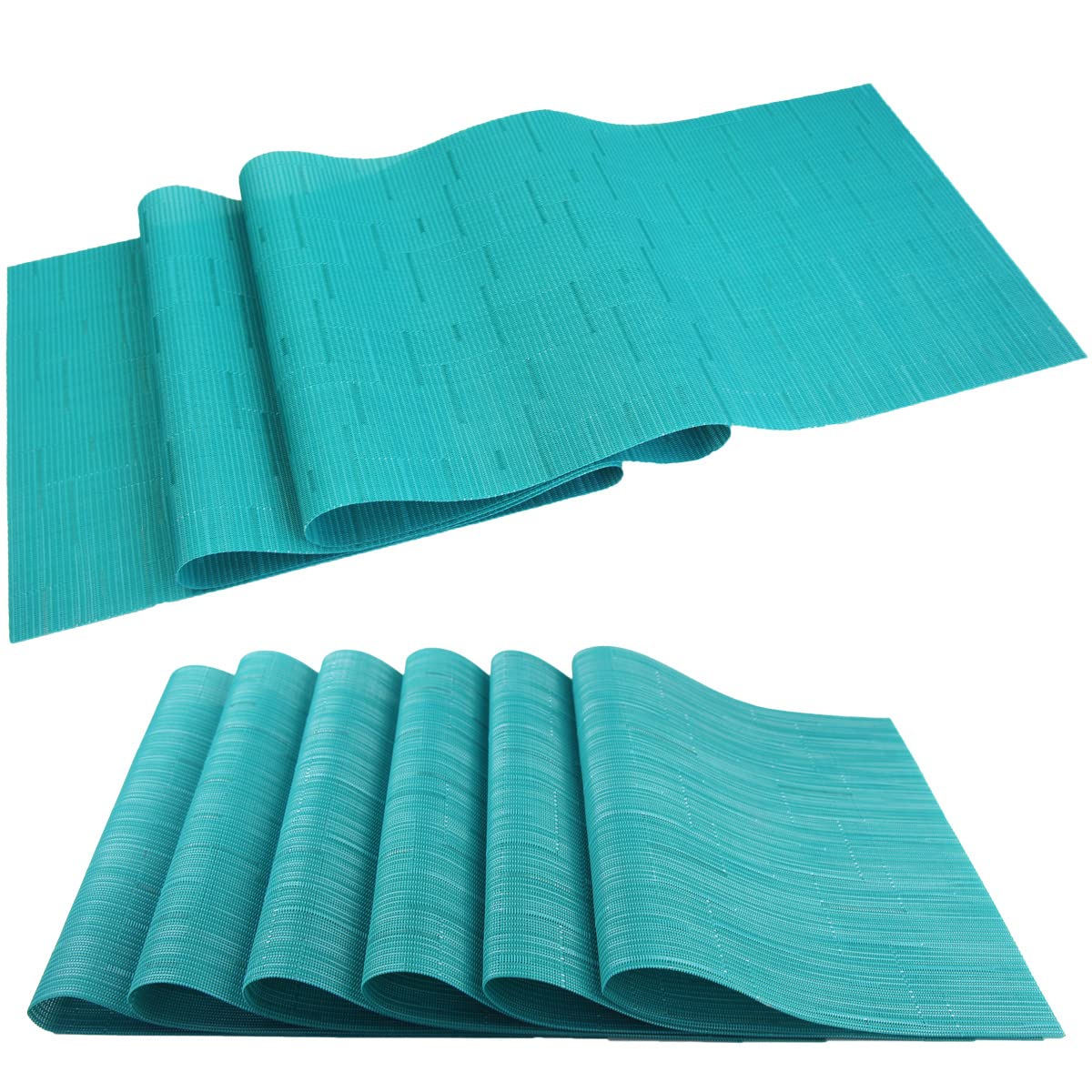 pigchcy Elegant Placemats with Matching Table Runner,Durable Cleaning Placemats for Dining Table Sets(6pcs Placemats+1pcs Table Runner,Same Style, Turquoise)