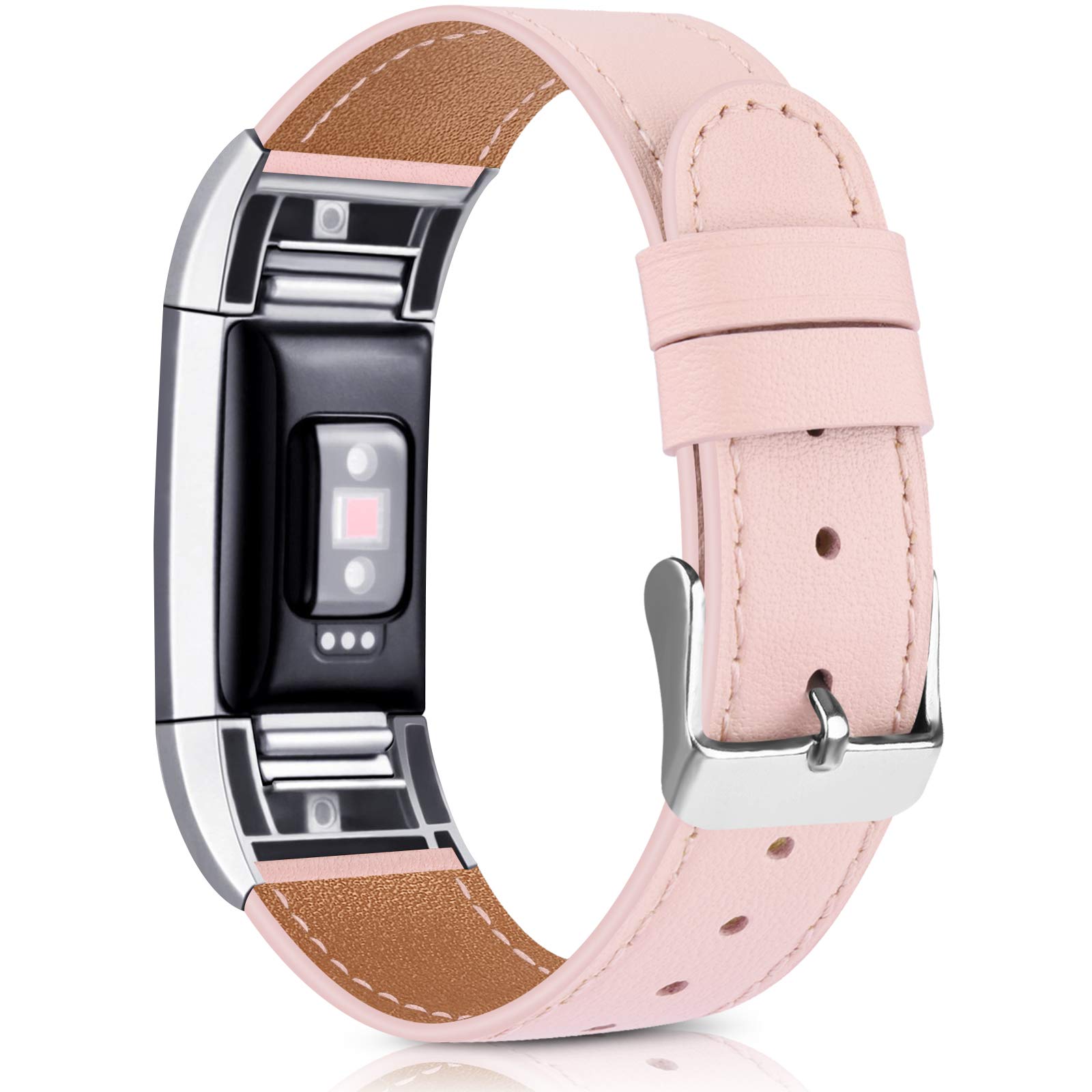 Wanme For Fitbit Charge 2 Strap Leather Straps, Classic Adjustable Replacement Straps with Metal Connectors for Fitbit Charge 2 (02 Pink, 5.5" - 8.1")