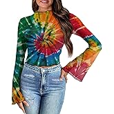 Hdjxbdhsv Women's 70s Hippie Flowers Bell Sleeve Lettuce Trim Mock Neck Floral Mesh Top Crop T Shirt