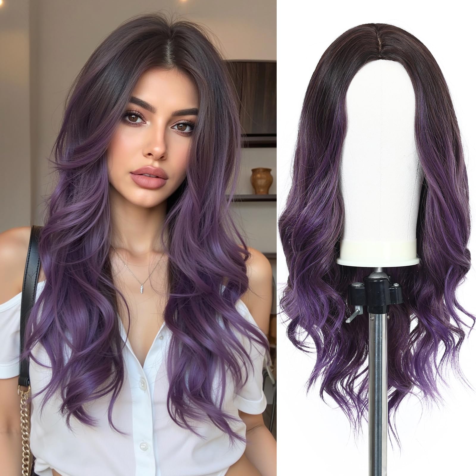 Esmee Long Wavy Purple Wigs for Women Natuaral Synthetic Hair Heat Resistant Ombre Wig for Daily Party Cosplay Use — image 1