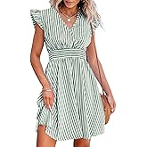 CUPSHE Women's Mini Dress V Neck Flutter Sleeve Striped Smocked Waist A Line Short Summer Cocktail Dress