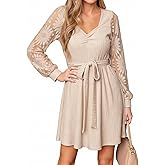 CUPSHE Women's Lace Long Sleeve Mini Dress Flowy V Neck Tie Belted Knit Dress Fall Holiday Cocktail Short Dress