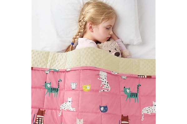 Insugar 5lbs Weighted Blanket for Kids School Nap & Calm Sleep, Pink Cat | Two-sided Fleece Minky Dot,Uniform Glass Beads,Ult