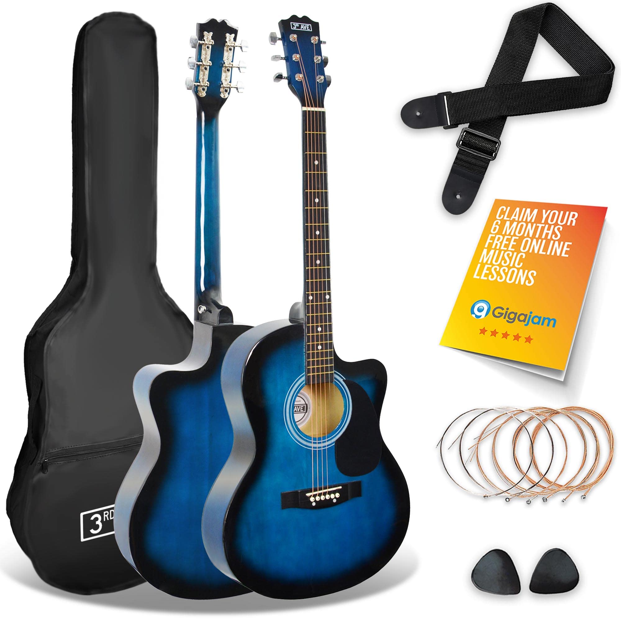 3rd Avenue Full Size 4/4 Cutaway Acoustic Guitar Pack Bundle for Beginners - 6 Months FREE Lessons, Bag, Strap, Picks and Spare Strings - Blue