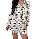 Sastianaen Women Christmas Silk Satin Pajamas Set Bow Tie Long Sleeve Shirt and Shorts Set 2 Piece Xmas Loungewear (C White Soldier, S)