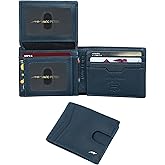 Marc Peter Wallet for Men Slim Bifold RFID Blocking with 2 ID Window up to 14 cards Minimalist Front Pocket Full Grain Leather Wallet and Gift Box Nappa Navy