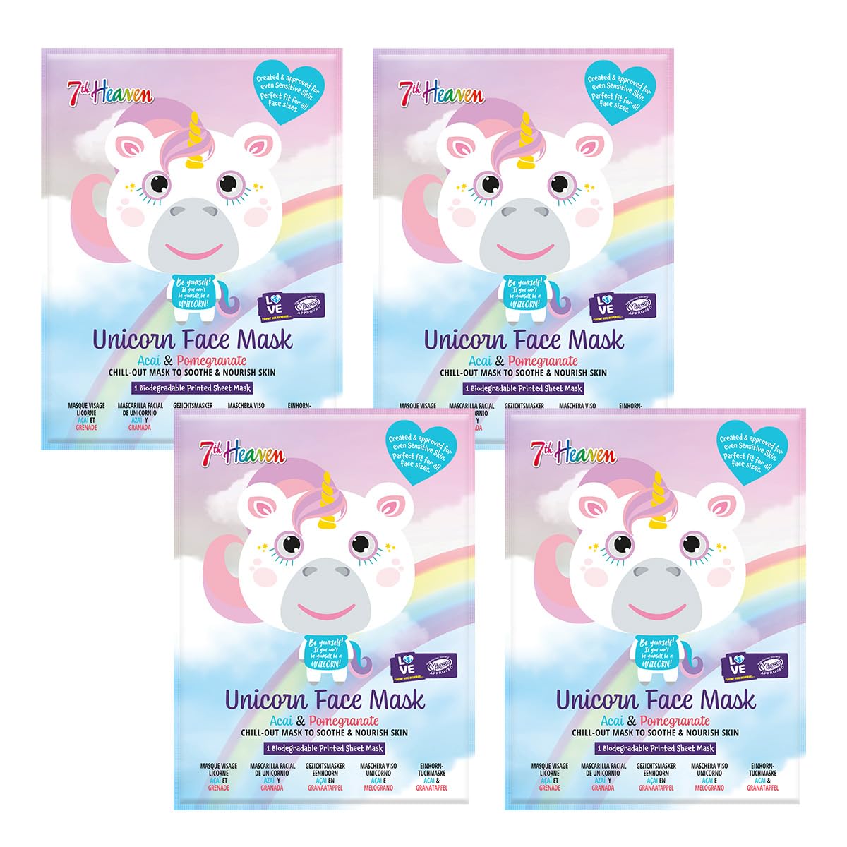 7th Heaven Unicorn Face Mask Gift Set (4 Kids Face Masks). Hydrating for Sensitive Skin, Childrens Age 8+, Cruelty Free Sheet Masks - Genuine 7th Heaven Face Masks Skincare