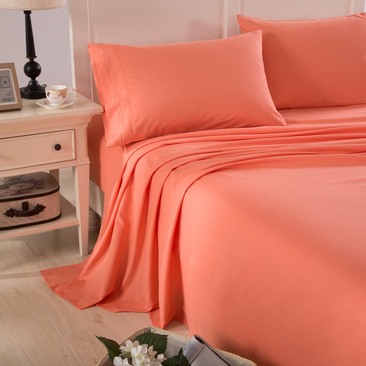 Microfiber Embroidered Queen Bed Sheet Set, Soft and Luxury, Coral