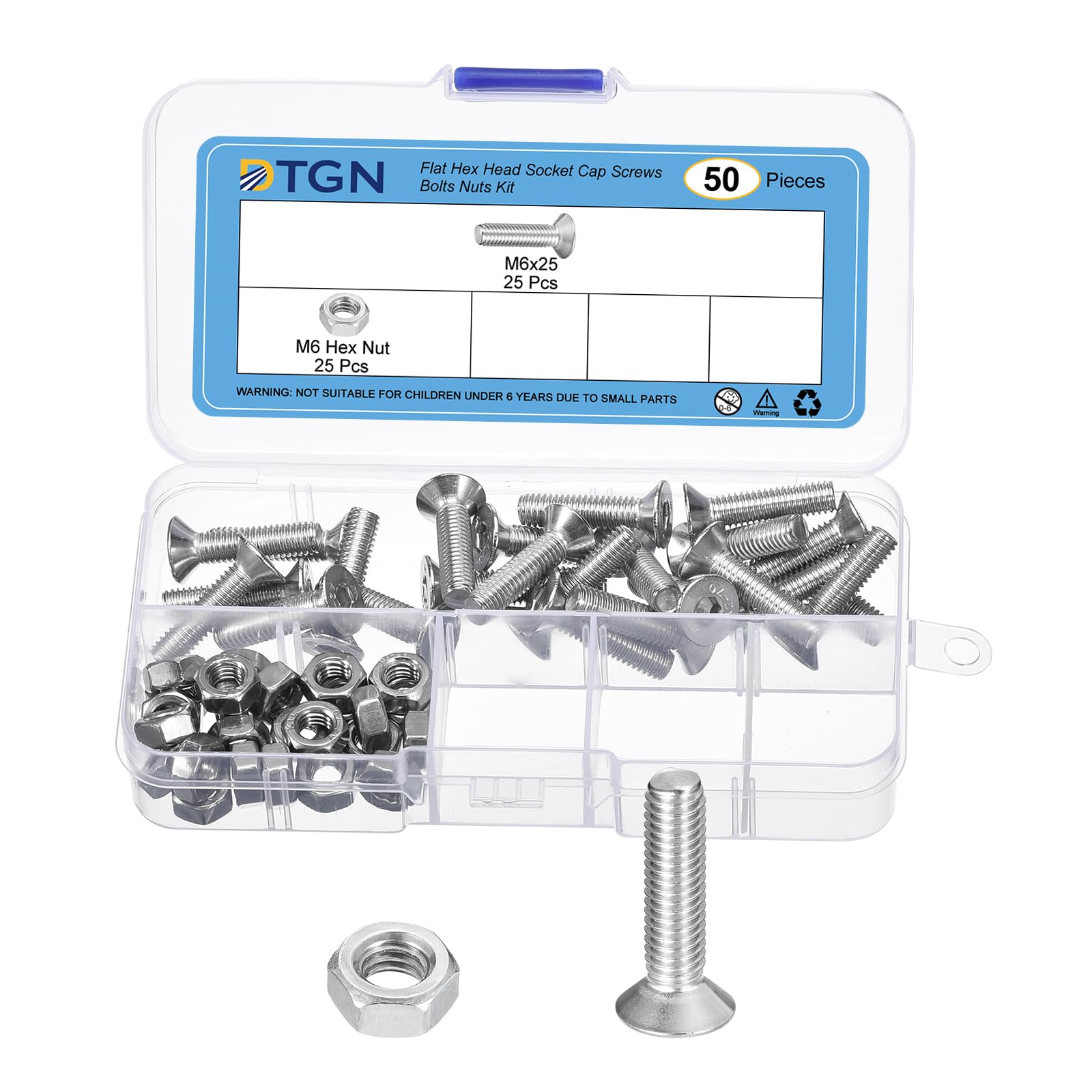 DTGN 50Pcs M6-1.0 x 25mm Flat Head Hex Socket Cap Screws Bolts Nuts Kit, 304 Stainless Steel Round Flat Metric Machine Screws, Full Thread