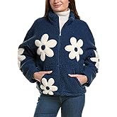 HOULENGS Women's Floral Print Sherpa Fleece Jackets Casual Long Sleeve Zipper Cropped Coat Winter Outwear with Pockets