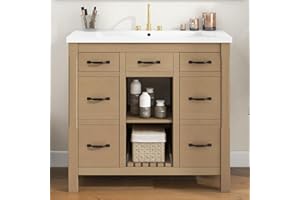 Lostcat 36inch Bathroom Vanity with Sink,Bathroom Cabinet with 2 Drawers & Storage Doors,Open Storage Space,Solid Wood Frame,Easy Assmebly,for Small Space Bathroom(Natural)