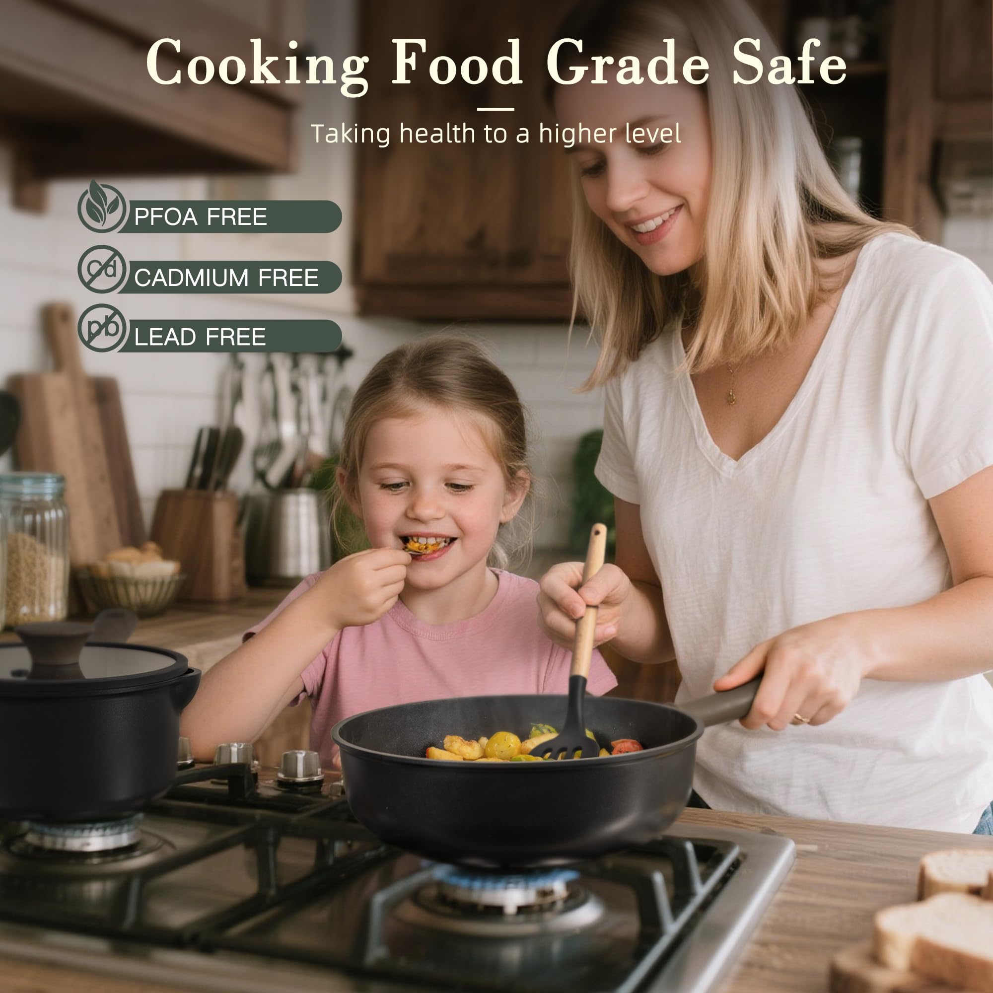 Astercook Non Stick Pots and Pans Set, Healthy Non-Toxic Titanium Induction Kitchen Cookware Sets for Cooking with Frying Pans, PFAS/PTFE/PFOA & PFOS Free, Black, 19 Pcs