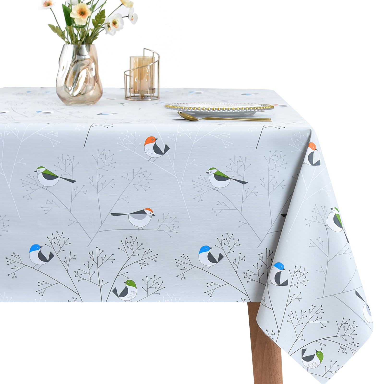 WenYa PVC Tablecloth Wipe Clean Table Cloth Wipeable Plastic Tablecloths, Rectangular Waterproof Table Cover Protector for Picnic Party Outdoor Indoor - Bird, 71x54in/180x137cm