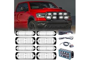 PKINGLAKE 8pcs Sync Feature Emergency Strobe Grille Lights LED Ultra Slim Surface Mount Flashing Hazard Warning Light Bar with Controller for Firefighter/Construction/Trucks/Vehicles/Car (White)