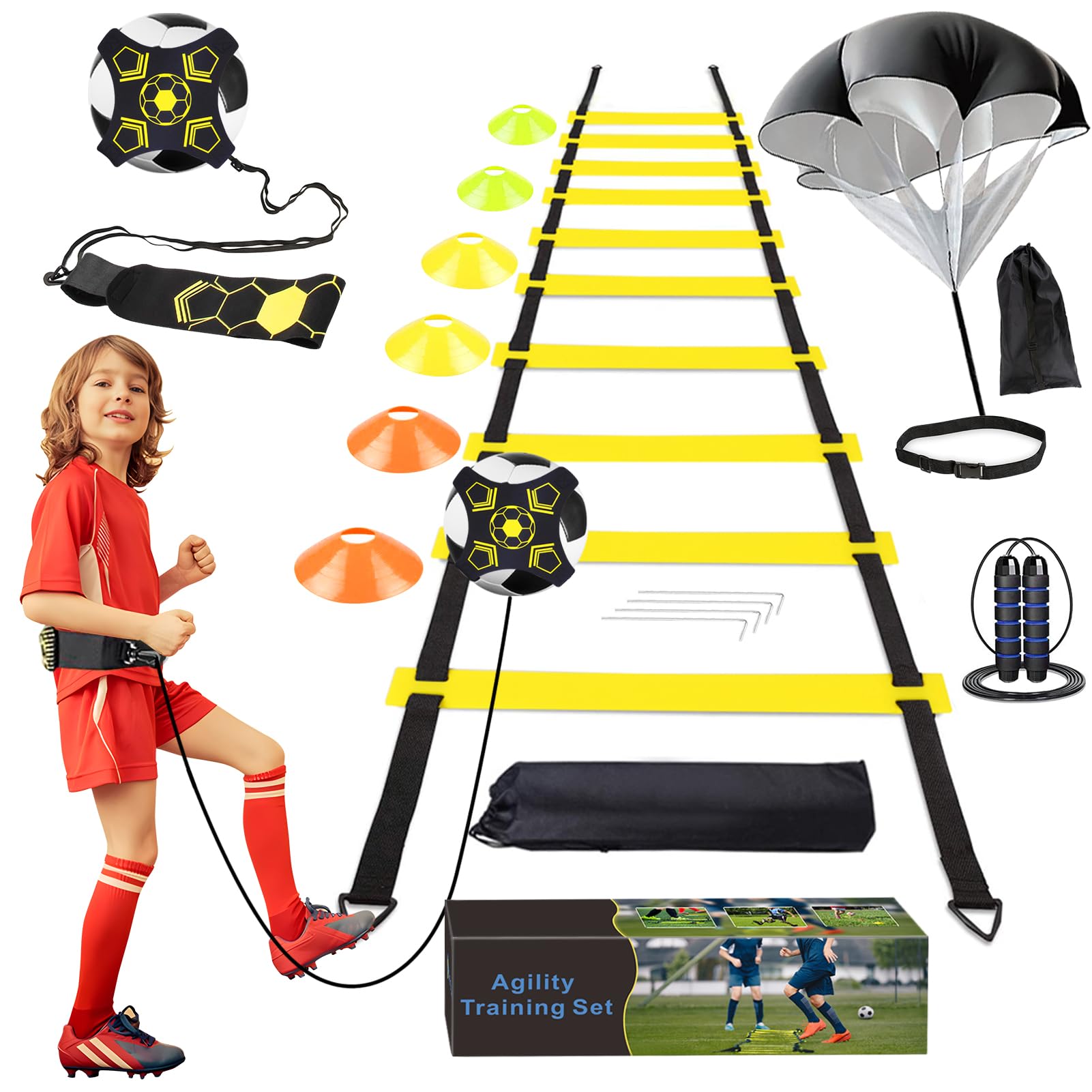YGORTECH Football Training Equipment, Speed Agility Training Set, Football Kick trainer, Agility Ladder, Resistance Parachute, 6 Disc Cones & Jumping Rope, Football Skills Equipment for Kids+Gift Box