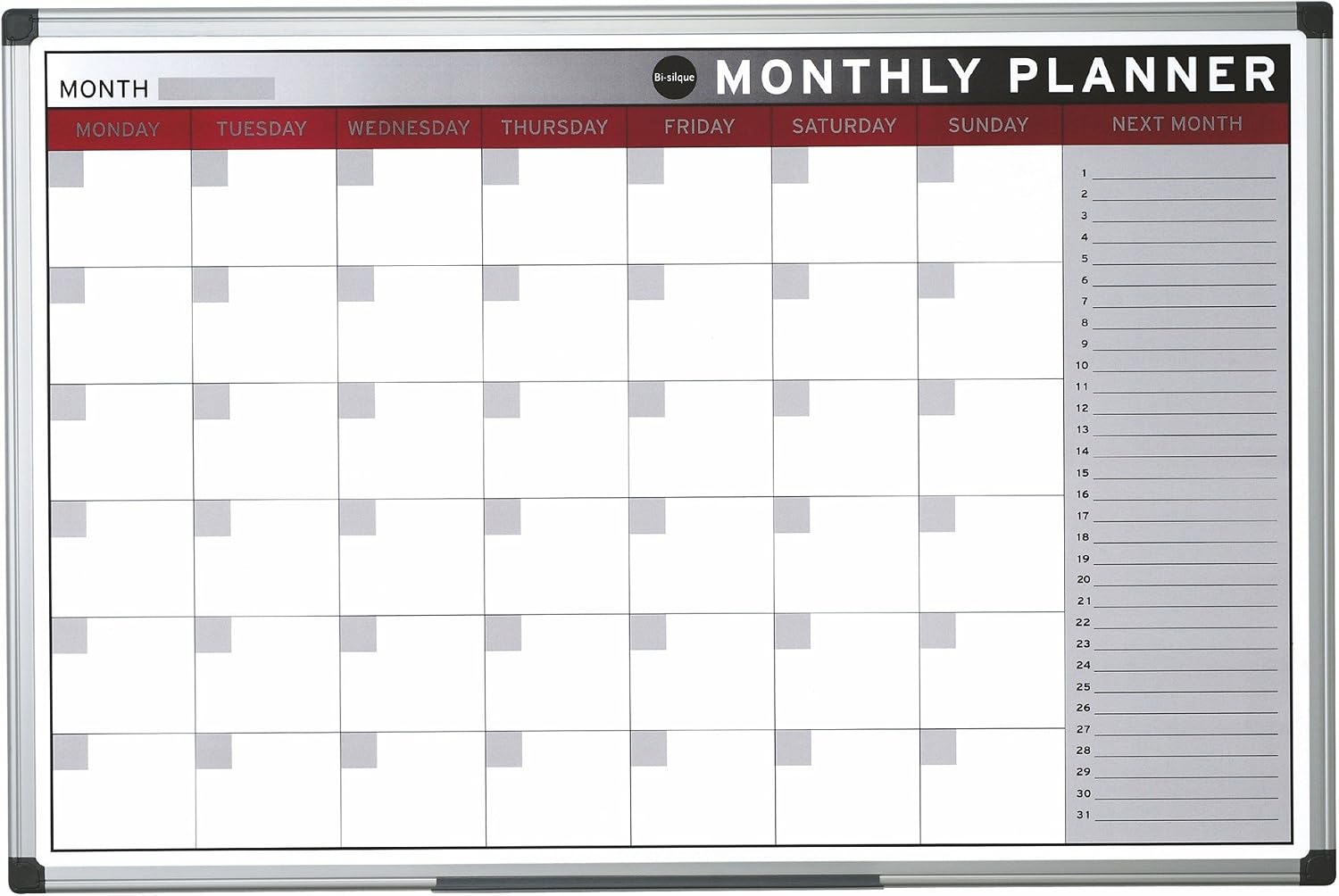Bi-Office Month Planner, Magnetic, Aluminium Frame, 90 x 60 cm, White, 900 x 600 mm