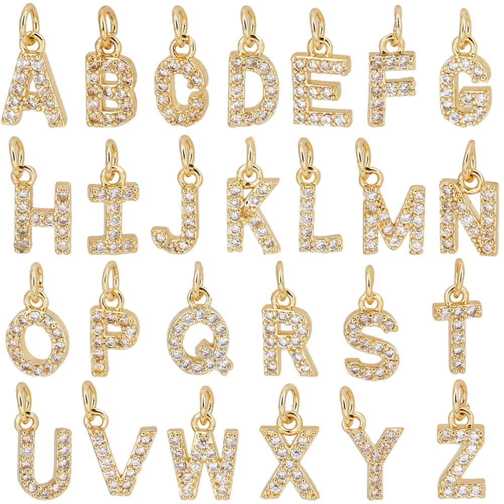 SUNNYCLUE 1 Box 26Pcs Real 18K Gold Plated Rhinestone Letter Charms Gold Alphabet Charms Bulk Golden A-Z Slide Glitter Small Metal Charm for jewellery Making Charms Craft DIY Necklace Bracelet Women