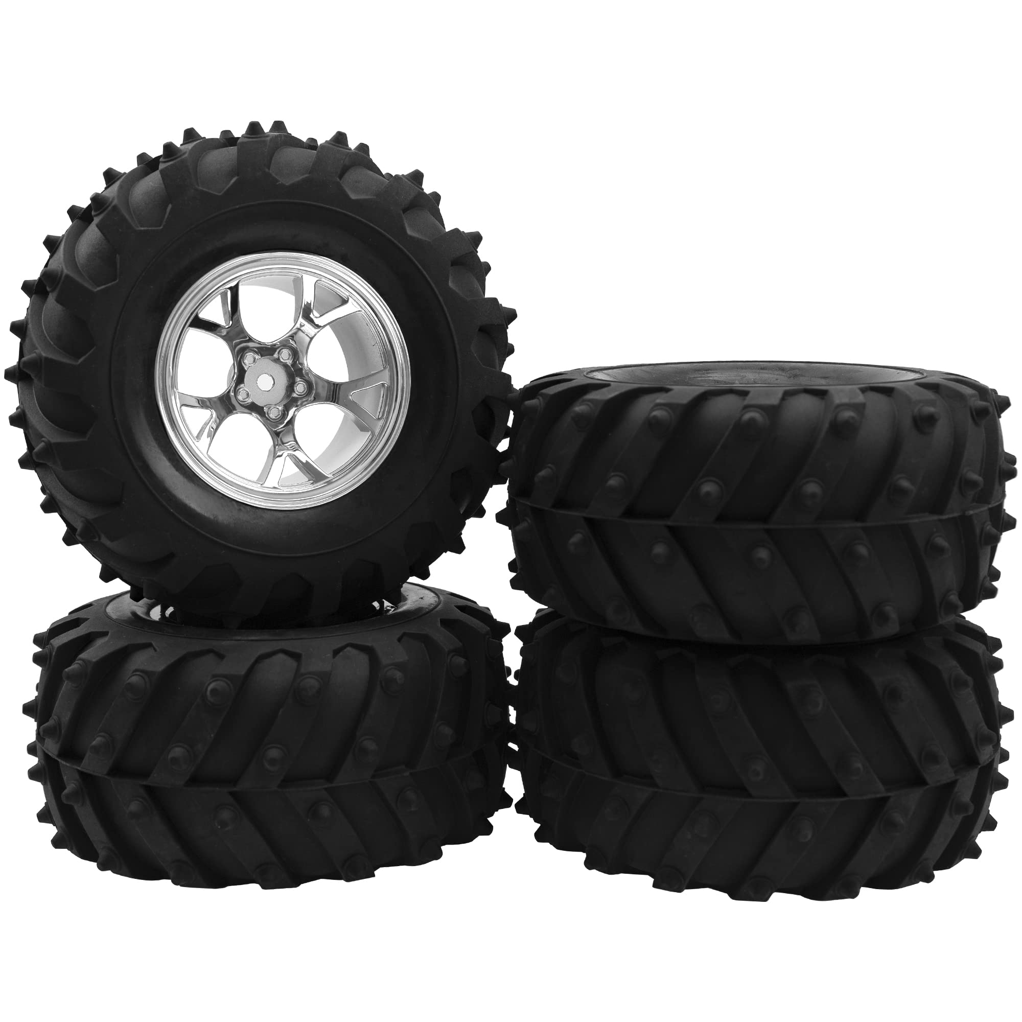 Photo 1 of HIRCQOO 4.72''OD Rubber Tires & Wheel Rim 12mm Hex Hub Compatible with RedCat Volcano Traxxas Rustler HPI HSP Tamiya Exceed Himoto 1/10 Off-Road Monster Truck,120mmx56mm (Silver)
