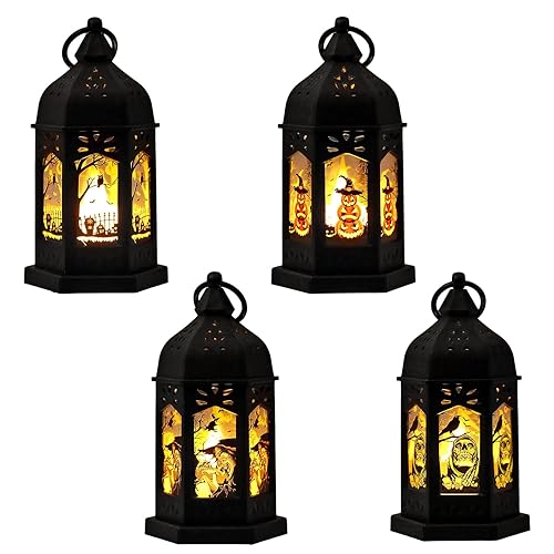 4 Pcs Halloween LED Candle Lantern, Halloween Retro LED Oil Lamp Decorative Plastic Halloween Vintage Hanging Candle Lights Hollowout Witch Pumpkin Ghost Hand Castle Hanging Wind Lamp (B)