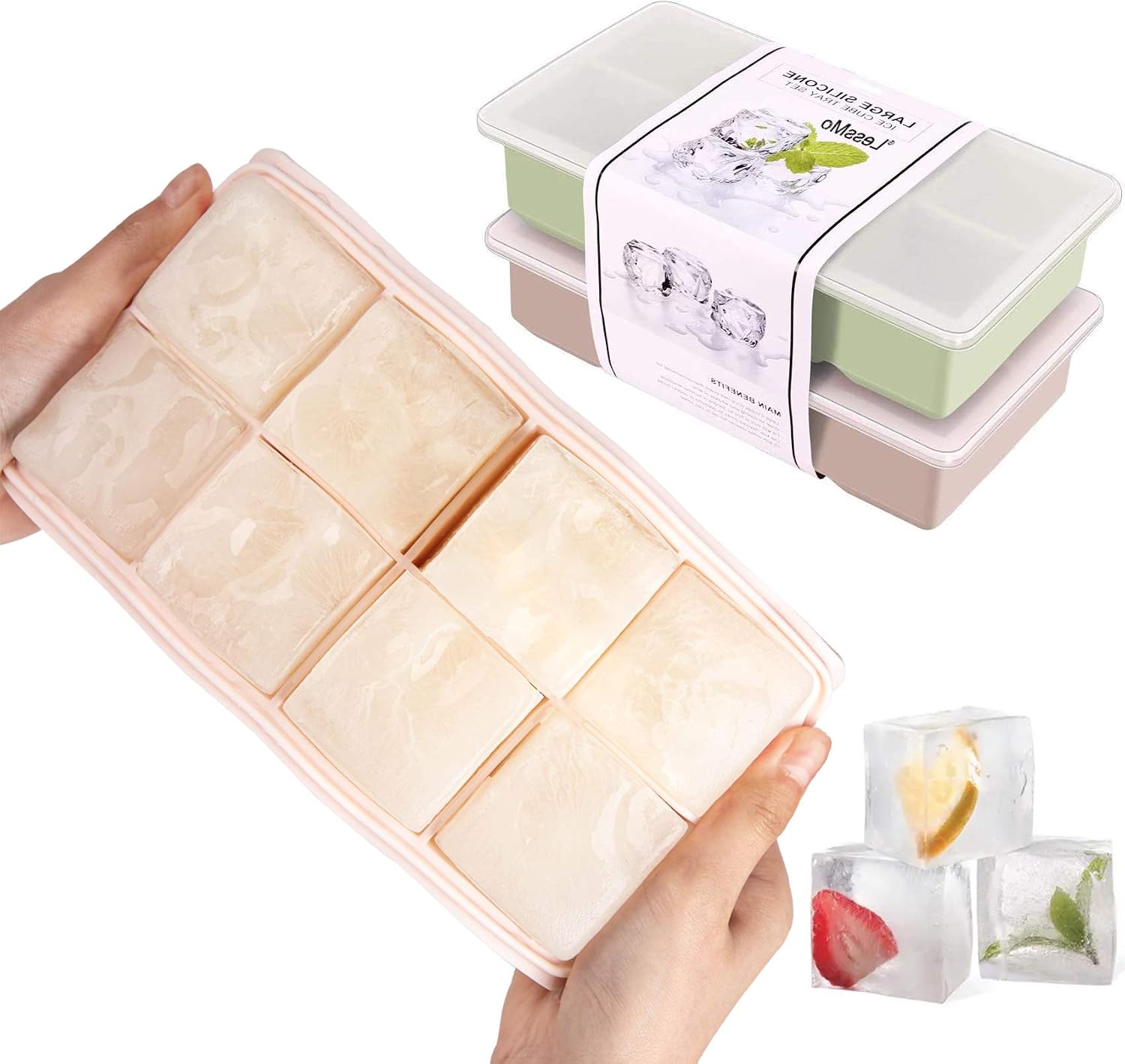 LessMo Ice Cube Tray, 2 Pack XXL Silicone Large 2 Inch Ice Cube Molds with Lids, for Whiskey Cocktails & Wine (Green and Pink)