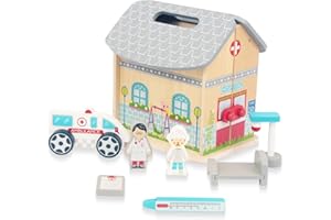 WOODENFUN Wooden Barn Figure Hospital Playset for 3 Year Old, Learning Toys Sensory & Cognitive Development Montessori Toys, Christmas Birthday Easter Gift for Baby Toddler Boys Girls