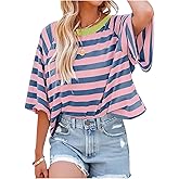 SOLY HUX Women's Striped T Shirt Crewneck Half Sleeve Oversized Tees Loose Casual Summer Tops
