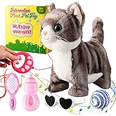 Gray Leash Walking Cat Set Singing That Purrs and Meows Animated Plush Robot Kitten Moving Plush Realistic Stuffed Animal Remote Control Cute Kawai Robotic Kitty Toy for Kid Girl Gift