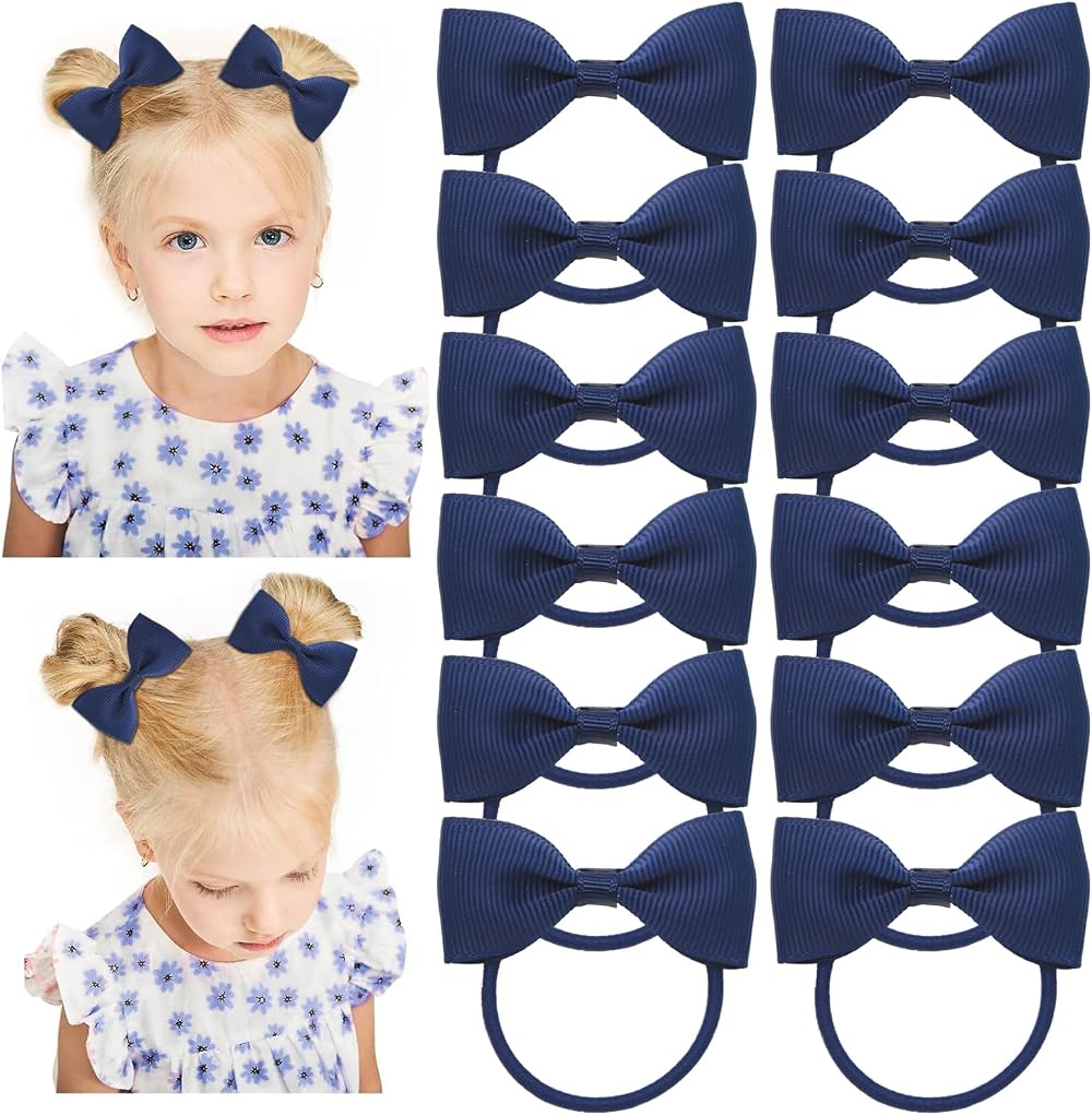 YzmrBdqc 12 Pcs Girls Navy School Uniform Hair Bows Elastics Ties Bobbles