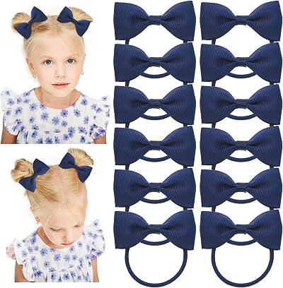 YzmrBdqc 12 Pcs Girls Navy School Uniform Hair Bows Elastics Ties Bobbles
