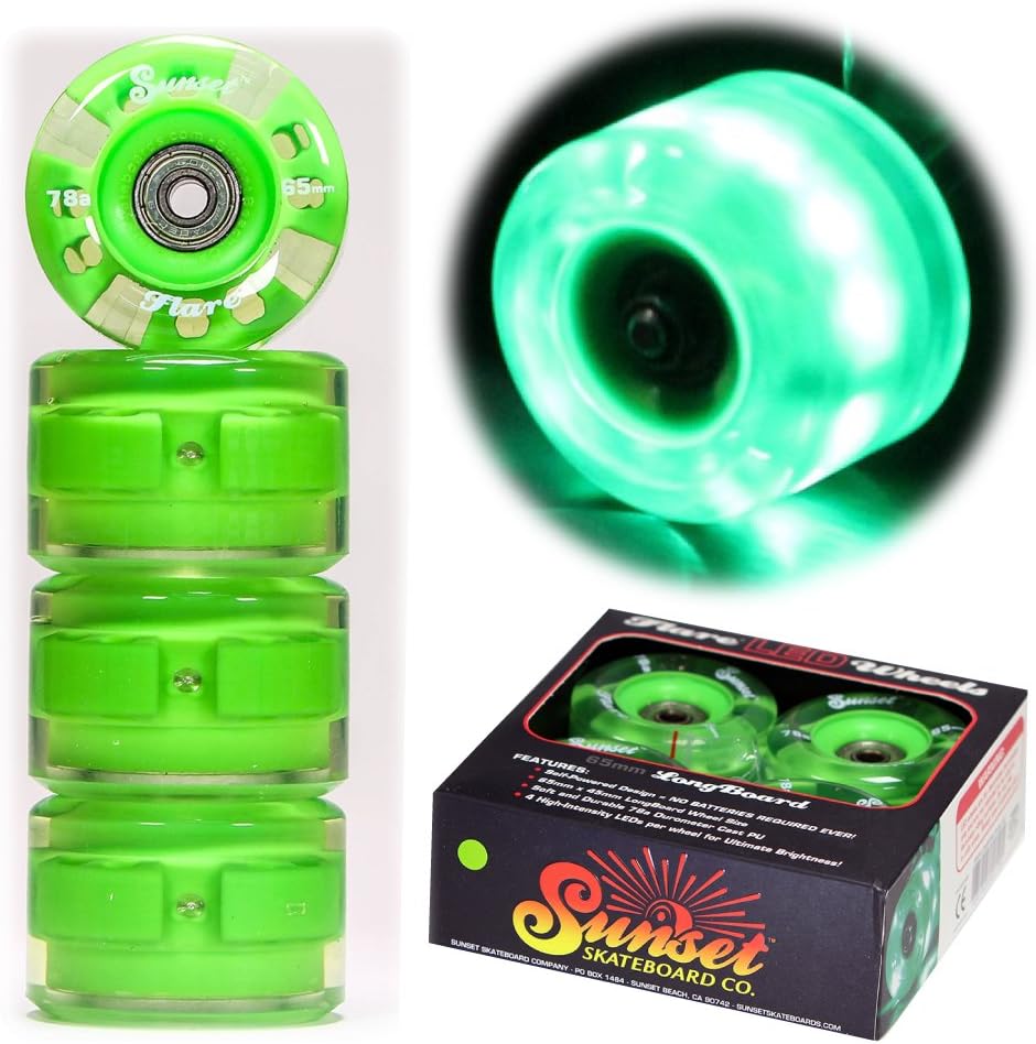 Sunset Skateboards Long Board Wheel with ABEC-9 Bearing (4-Pack), Green, 65mm/78a