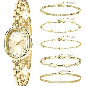 NEWITIN 6 Pieces Women Gold Watch Bracelets Set Fashion Costume Jewelry Gold Plated Round Wristwatch Stackable Bangle Bracele