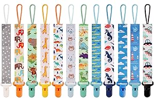 TAMHOO 12 Pack Pacifier Clips with Strap 25.5cm - Premium Polyester Baby Pacifier Holder Set, Multi-Design Clips for Boys Girls （Multi Color C）