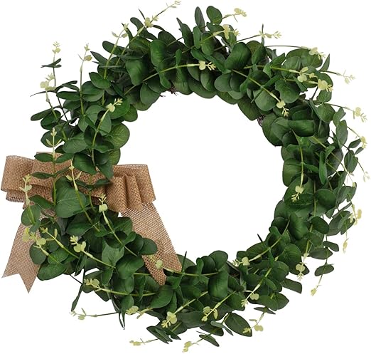 Amazon Co Jp Feilifan 人工グリーンリーフリース 22インチ ユーカリリリース 屋外グリーンリース 夏 秋のお祝い フロントドア 壁 窓 パーティー装飾 リボン付き Home Kitchen