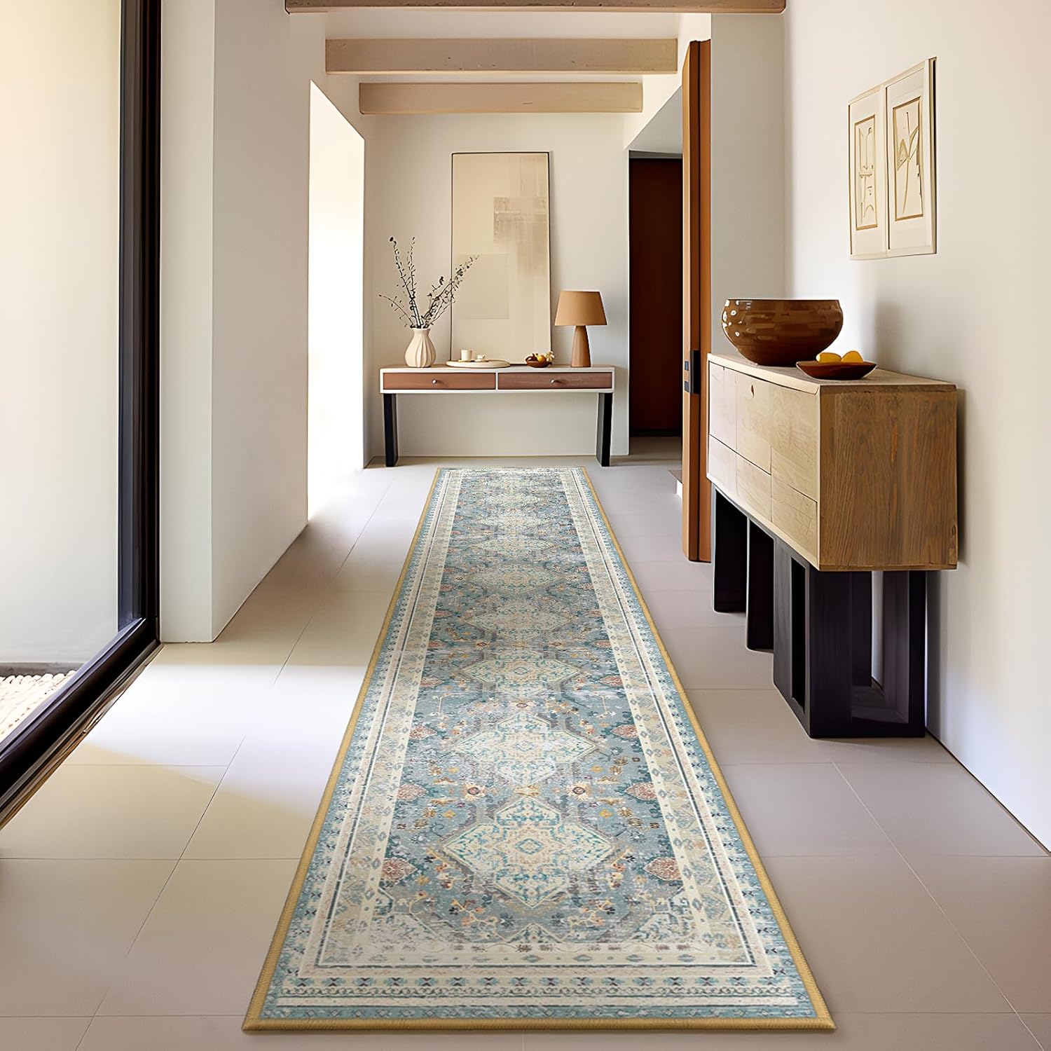 Rugs, Pads & Protectors - Phantoscope Hallway Runner Rug 2'x10'- Long Rug Runner Boho Washable Non-Slip Carpet for Kitchen Entryway Laundry Bedroom, Ultra-Thin Runners Vintage Distressed Accent Rug, Blue/Multi