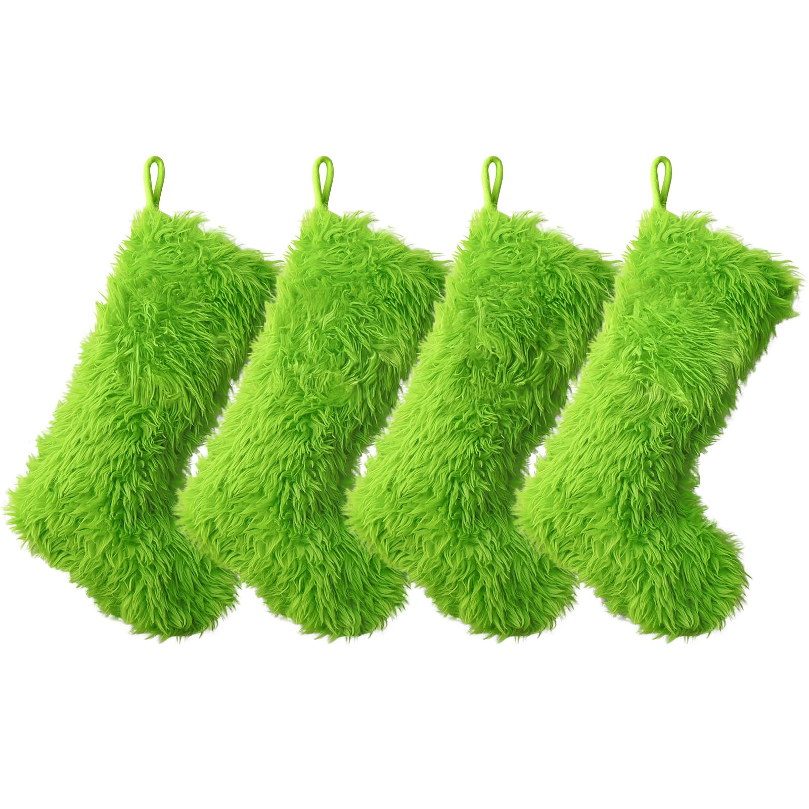 Photo 1 of **PARTIAL SET/ONE STOCKING ONLY**Pawliss Spirit Christmas Stockings: 4PC 18 Inch Faux Plush Fur Christmas Stocking Embroidered with Green Elf Face, Lush Green Fuzzy Stocking, Soft Christmas Décor Home Party Supplies