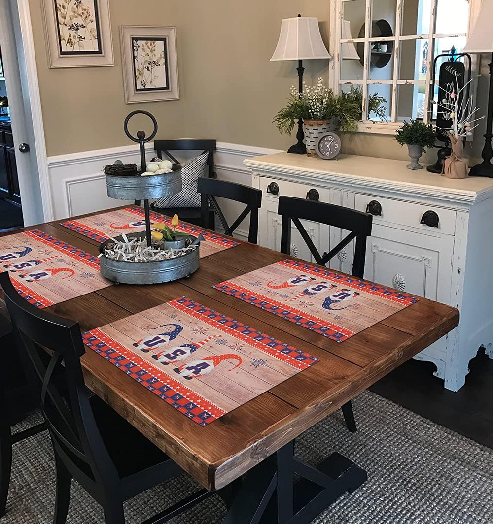 4th of July Cotton Linen Placemats for Dining Table, Washable Heat Resistant Star Patriotic Gnome Table Mats Set of 4, Red Blue White Decorations for Home Kitchen Indoor Independence Day by WEHVKEI: Kitchen & Dining