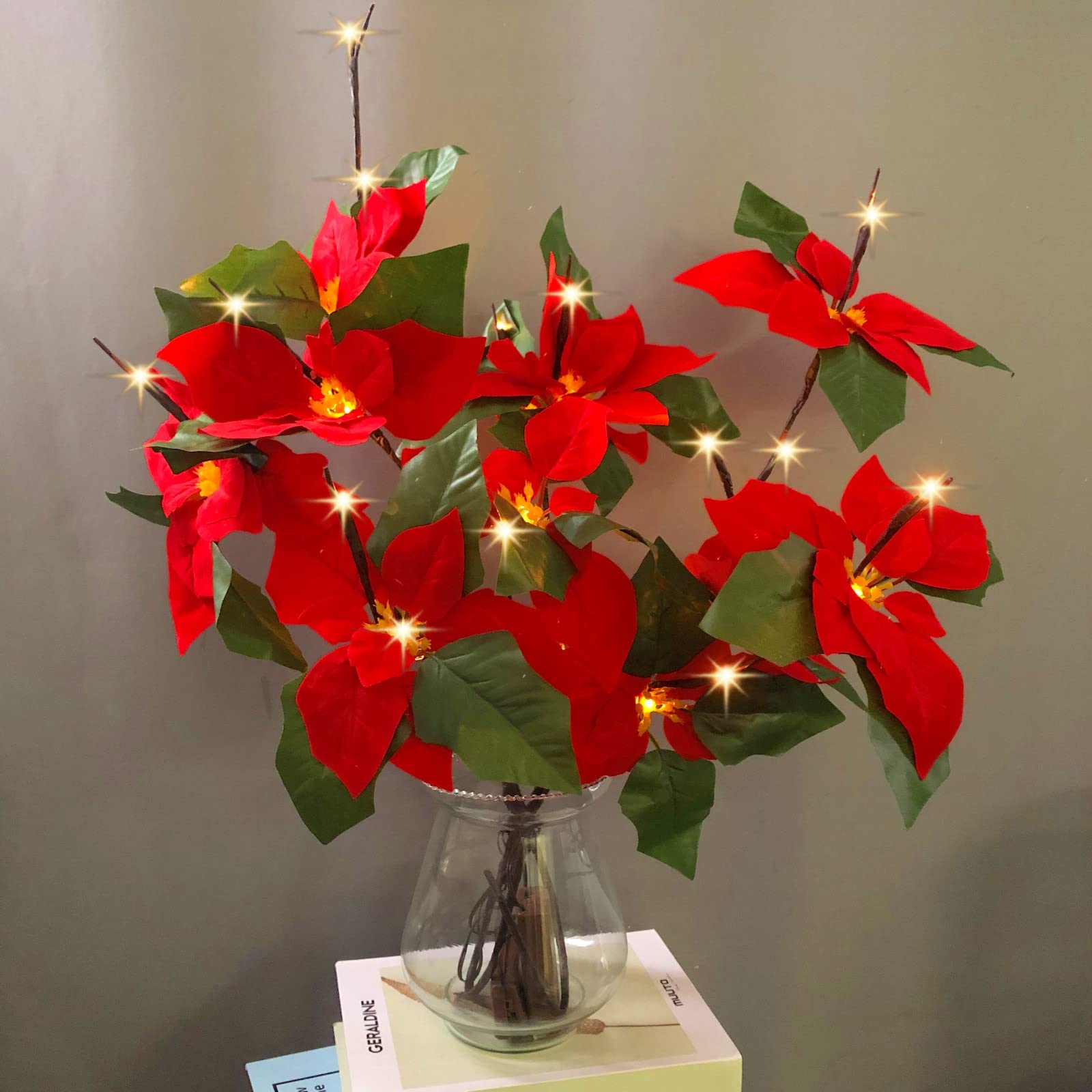 Artificial Poinsettia Twig Lights,2 Pack Christmas Poinsettia Flower Vase Arrangement Branch, Artificial Flower Lights for Holiday Home Table Centerpiece Decoration — image 1