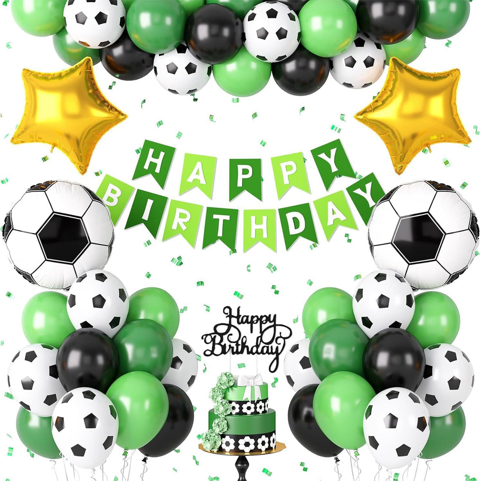 Football Birthday Decorations Set - Soccer Party Supplies with Banner, 44 Balloons (2 Star, 2 Football, 40 Latex) & Cake Topper - Easy to Install for Kids Themed Party