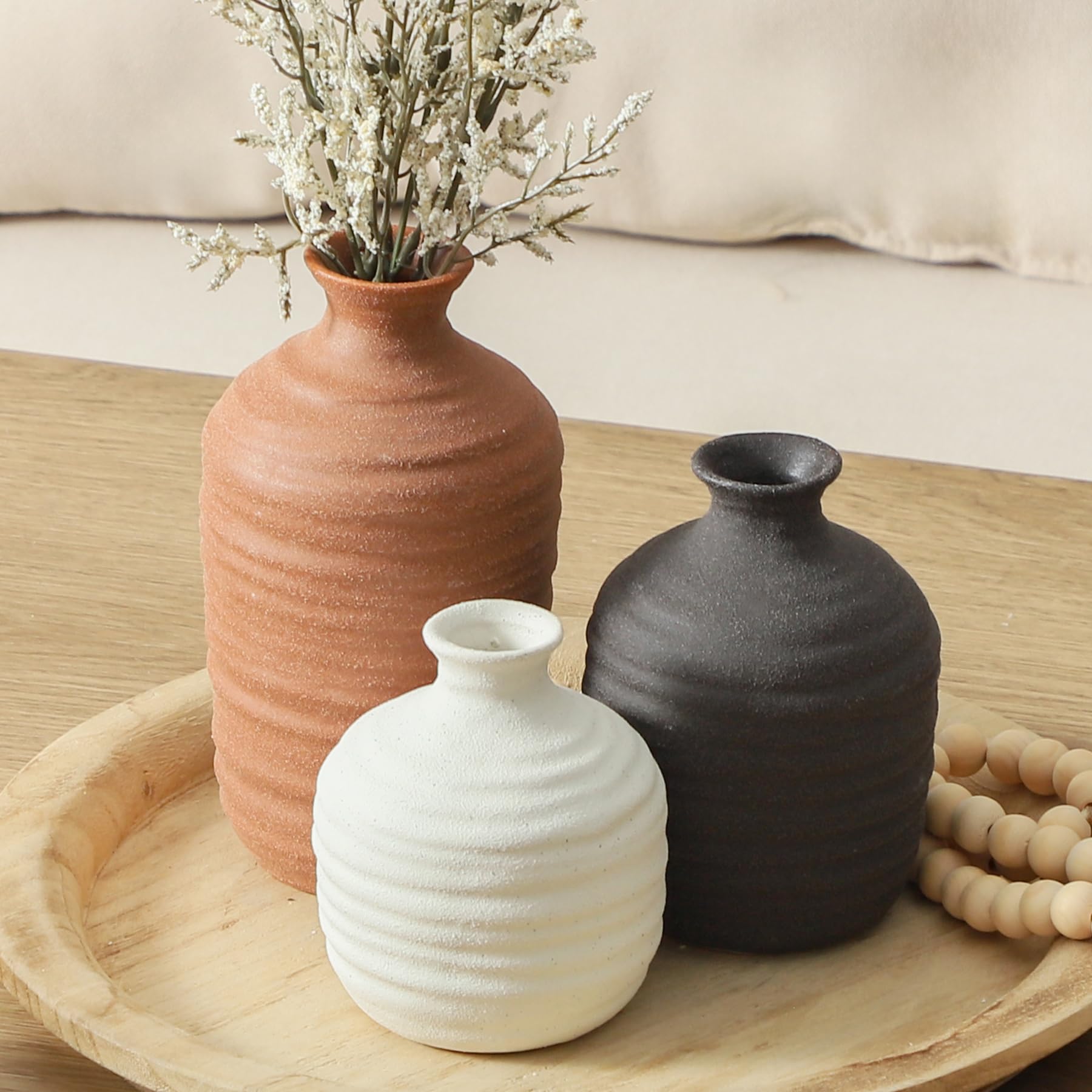 View 1 of *Chipped* Dobbyby Ceramic Vase Set of 3 Decorative Vase for Home Decor Modern Farmhouse Decor Pottery Neutral Vases for Living Room Bathroom Table Mantel Fireplace Entryway Shelf (02-Brown)